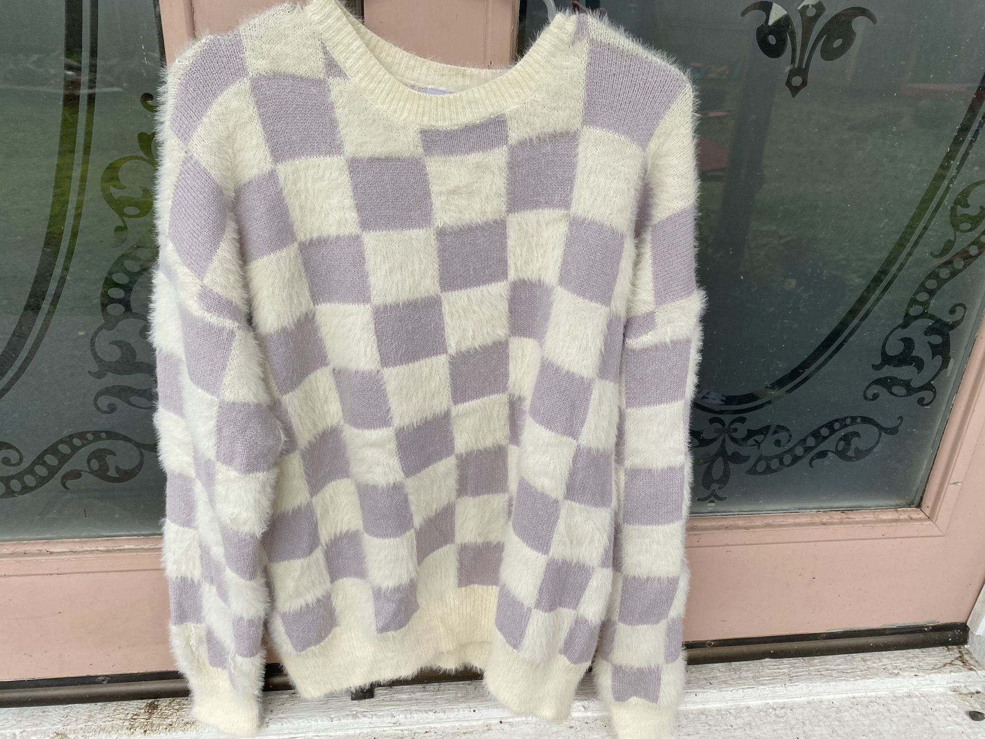 Purple/white Checkered SUPER FUZZY AND SOFT Sweater