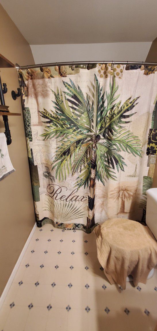 Tropical/Animal Print Shower Curtain w/12 Hooks And Accessories 