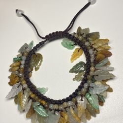 Feng Shui Adjustable Bracelet with Natural Grade A Burmese Jade Leafs for Abundance Chinese Multicolor Burma Jadeite