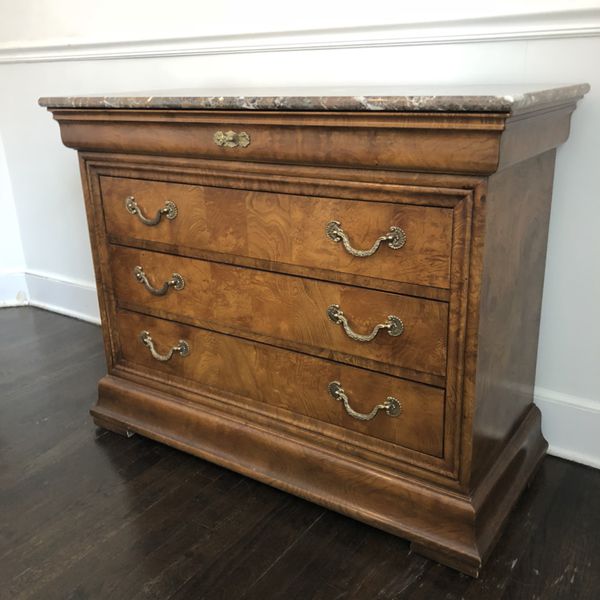 Pair of Henredon Charles X Burl Wood Marble top 4 drawer chests for ...