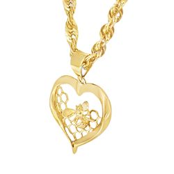 10k Yellow Gold Honeycomb Bee Heart Charm Necklace 