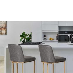 Grey Gold Counter Height Bar Stool with Back for Kitchen Counter 24 Inch Modern Barstool Faux Leather Upholstered Farmhouse Bar Chair Island Stool Sup