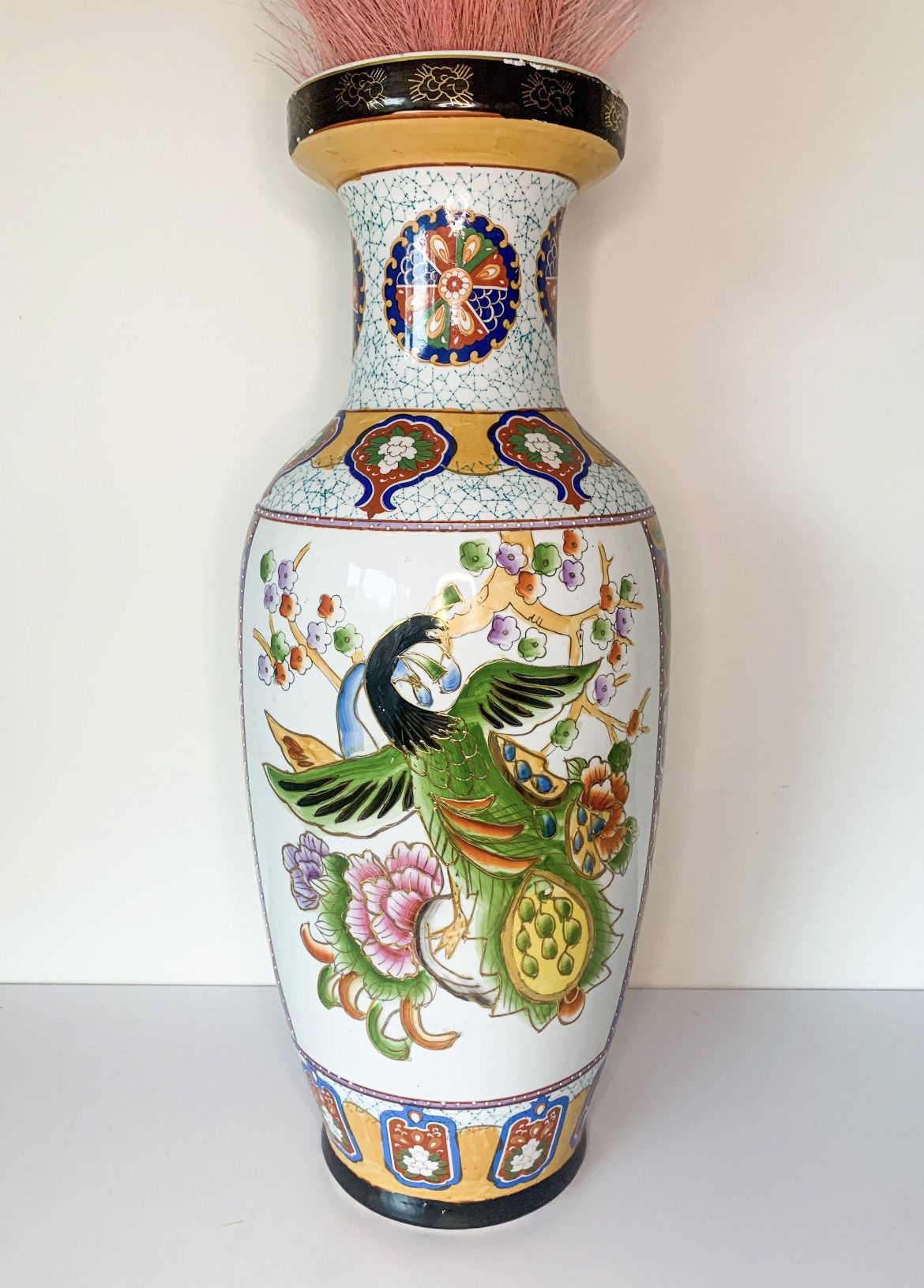 Large Japanese Ceramic Antique Floor Vase Flower Pot - Mid-century or Older - Bird Peacock Flowers  - 10 In Wide X 22 In Tall - EXCELLENT Condition!!