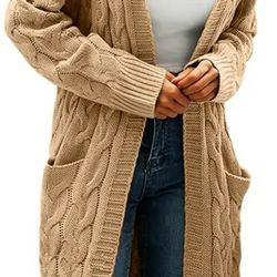 Women's Sweater Hooded Twist Knit Solid Thick Pocket Long Cardigan Size Xl
