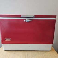 Retro Red and White Metal Coleman Cooler
