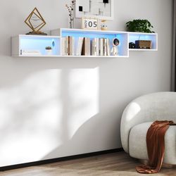 65.35in Wall Mounted Floating TV Stand with 20 Color LEDs and Charging Station