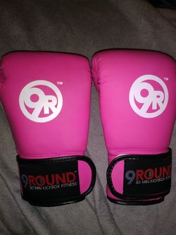 pair of "ILOVEKICKBOXING" {url removed} BOXING GLOVES labeled 12 oz Pink K Kids Youth Childrens Sparring Gloves with Velcro wrist strap