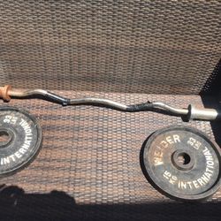 2 Vintage WEIDER 33pound Plates And Olympic Curl Bar 