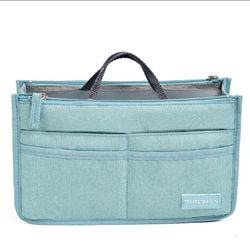 Women's Multi-Pocket Travel Handbag Organizer Insert with Zipper Handles Purse Liner Tidy Bag Blue