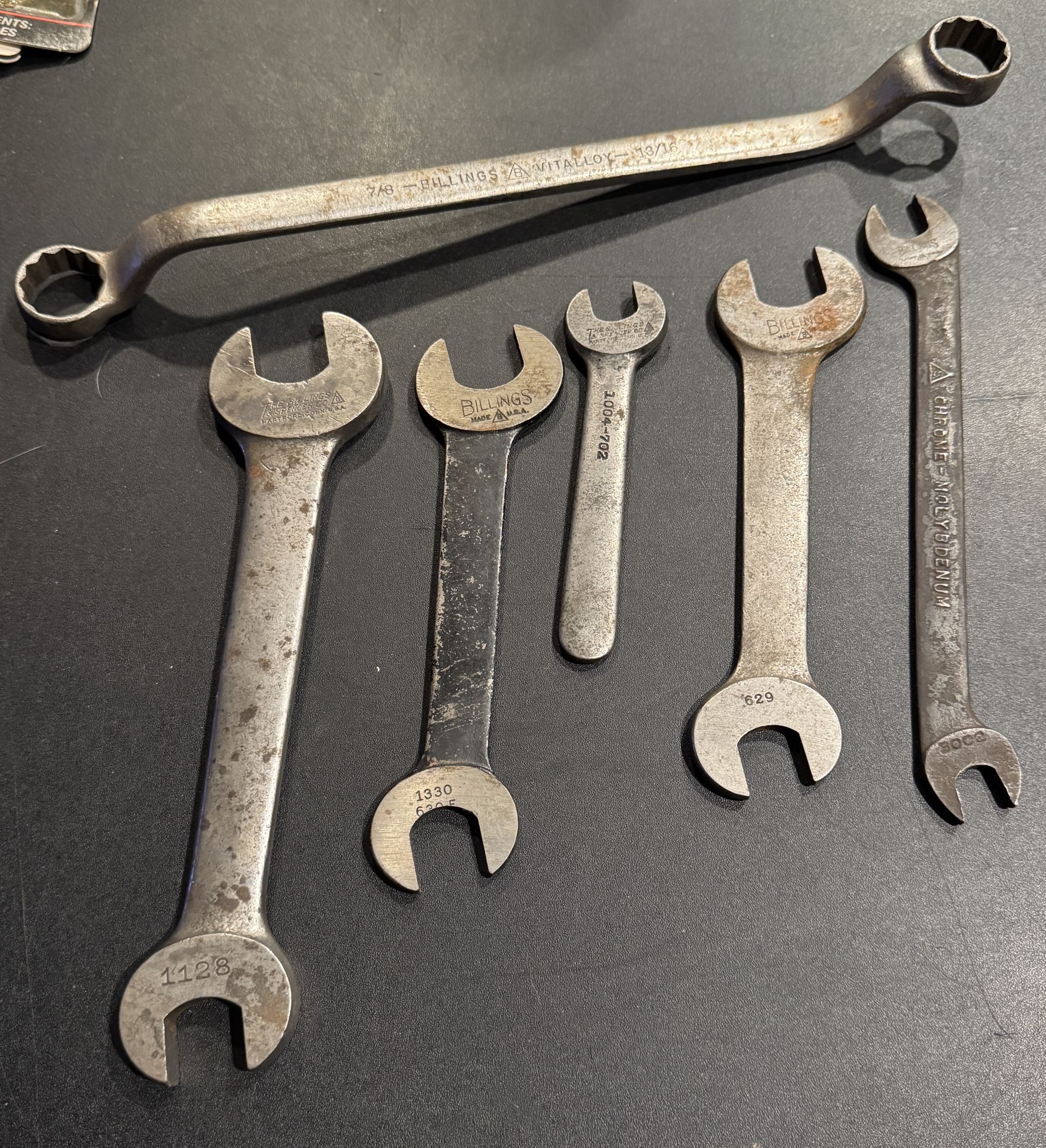 Vintage Billings Wrench Lot. Includes L-455 7/8” X 13/16”, No. 1128 5/8 x 9/16, No. 1330 3/4” X 7/8”, No. 629 11/16” X 25/32”, No. 1004-702 3/8”, & No