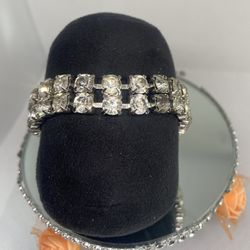 Vintage Art Deco Silver Tested Wide Double Row Clear Stones Tennis Bracelet 