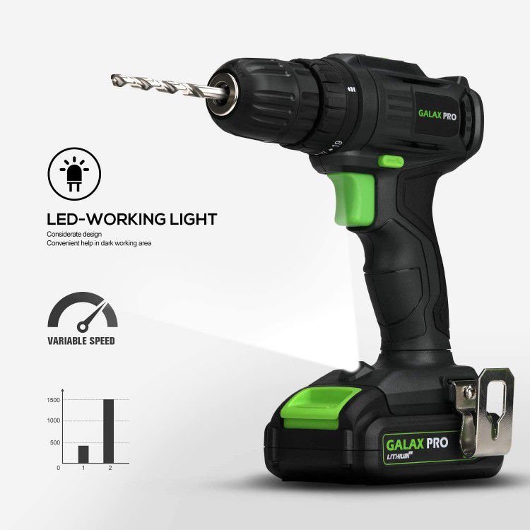 GALAX PRO 2-Speed ​​Compact Drill 20V MAX Lithium-Ion Drill/Driver, 3/8" Electric Drill with 19+1 Torque Setting, 1.3 Ah Battery, LED Work Light for