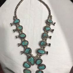 Vintage Navajo Squash Blossom Sterling Silver Turquoise Necklace