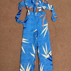 New Medium blue pants crop top 2 piece set floral tropical boho beach