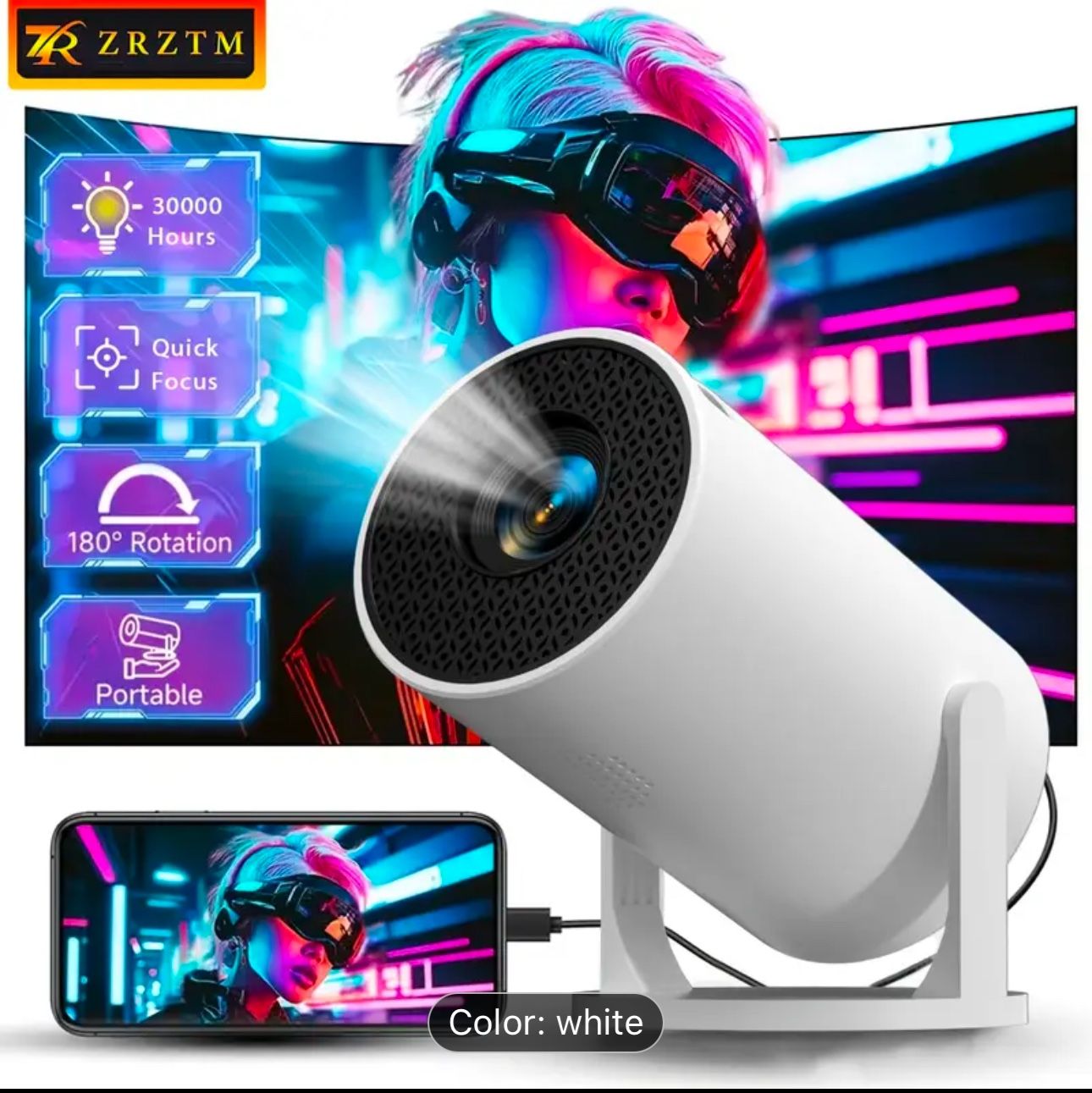 HD Projector, Portable Projector 1080P Full HD Support, Screen Projection, 180° Rotation Projector for Mobile Phone/TV Pole/Laptop