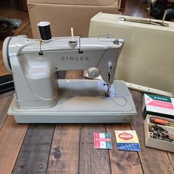 Vintage Singer 328K Sewing Machine with case, pedal, Singer box w sewing machine attachments, WORKS