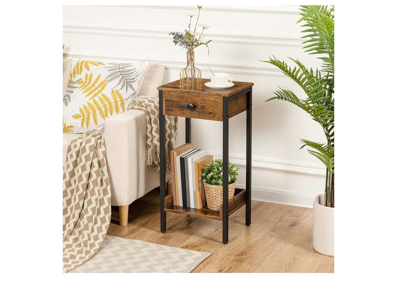 Tall End Table, Nightstand, Industrial Side Table with Drawer and Storage Shelf, for Study, Bedroom, Space Saving, Rustic Brown and Black  brand new i