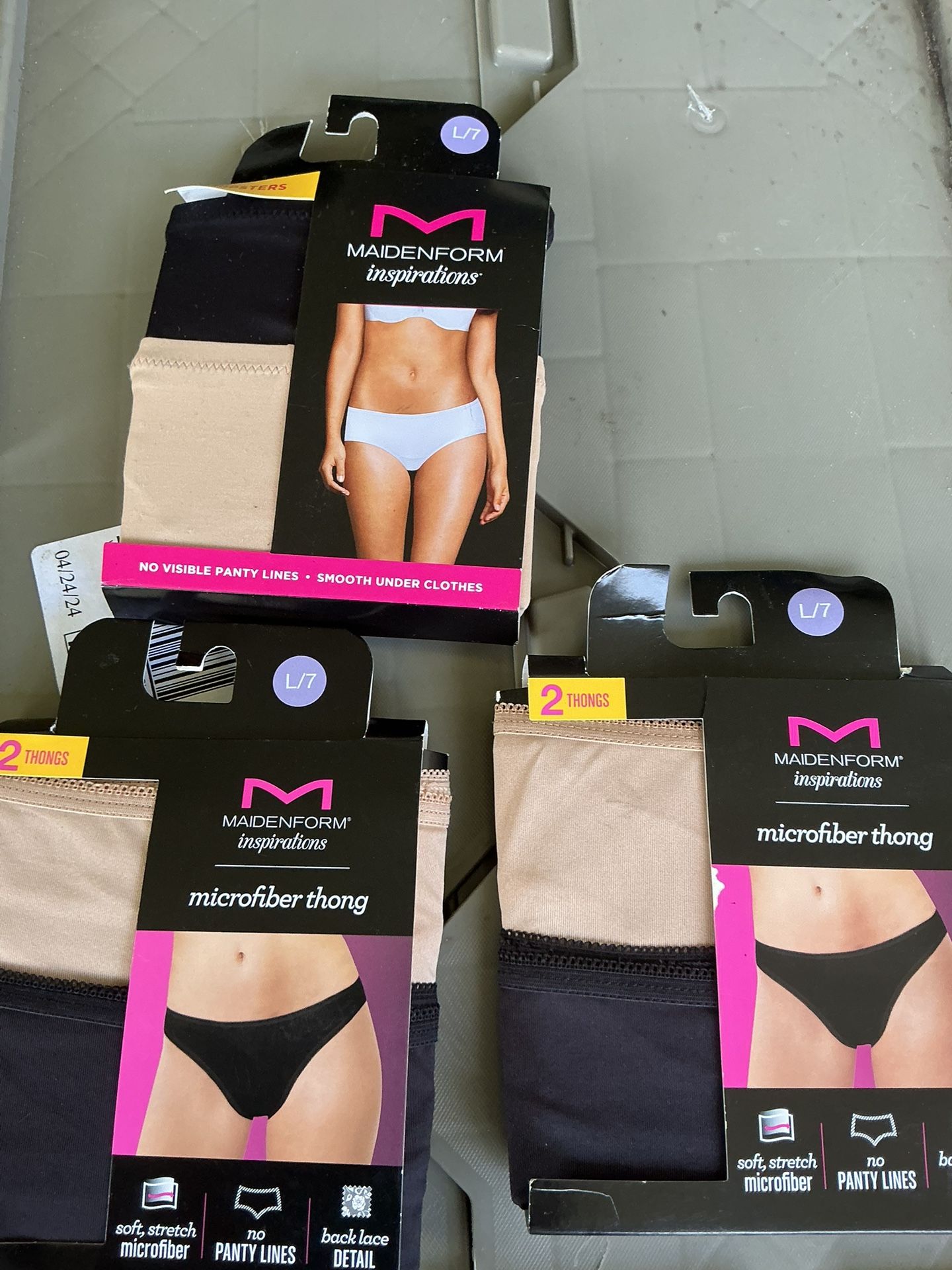 2 Pair, Maidenform Women’s 7 / L Thong Inspirations Black And Tan Underwear 3 packs total of 6 