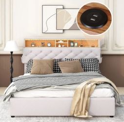 NEW Beige Queen Linen Platform Bed with Storage Headboard, LED & USB Charging