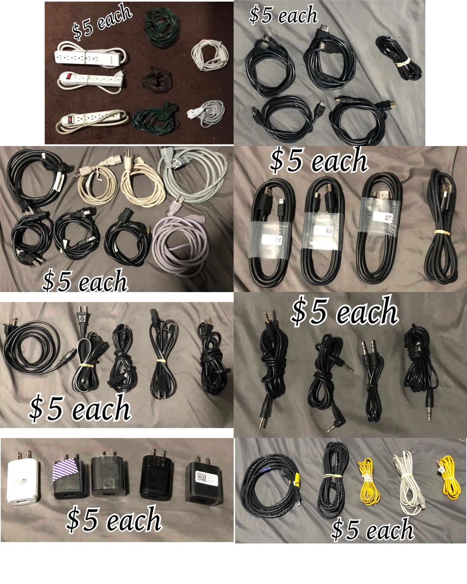 Extension Cords, Aux Cables, HDMI Cables, Power Cords,Ethernet Cables, USB Wall Adapters