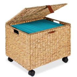  Hyacinth Rolling Filing Cabinet Mobile Organizer Storage Basket with Lid, Locking Wheels - Natural