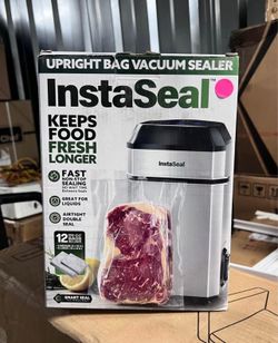 InstaSeal Vacuum Sealer for Food with 12 Bags, Preserves Foods 5x Longer, Space Saving Compact Upright Design Allows Machine to Seal Marinades, Soups,