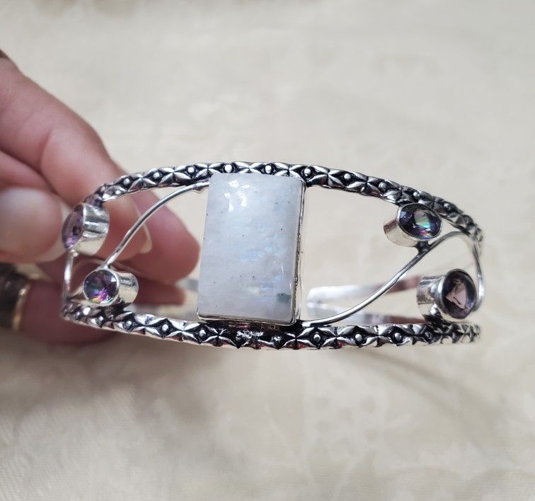 Silver Bracelet With Natural Moonstone/Mystic Topaz And Amethyst