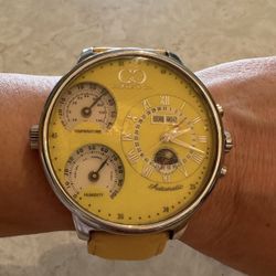 Curtis & Co 54mm Large Mens Moonphase Automatic Stainless Steel Watch Yellow Dial Temperature Humidity 
