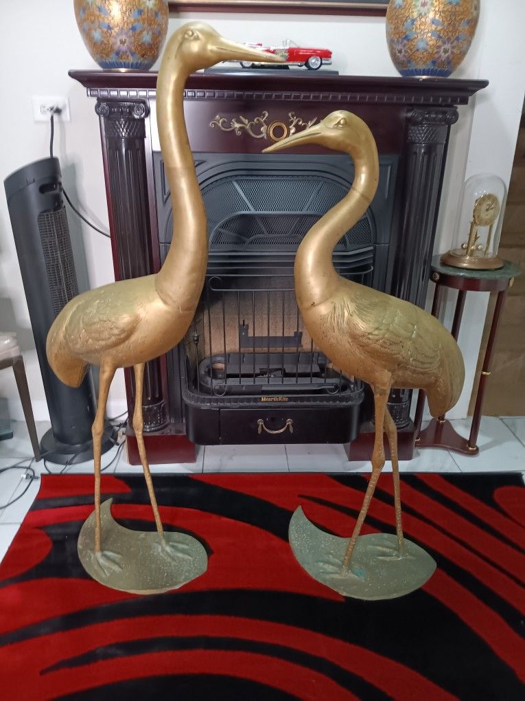 Huge Vintage Brass Crane Pair – 50" & 45" Tall – Hollywood Regency Heron Sculptures