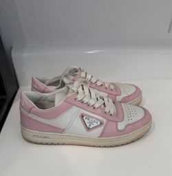 Prada Downtown Low Top Sneakers Pink White Leather Triangle Logo EU 36
