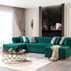 Green velvet double chaise section couch 