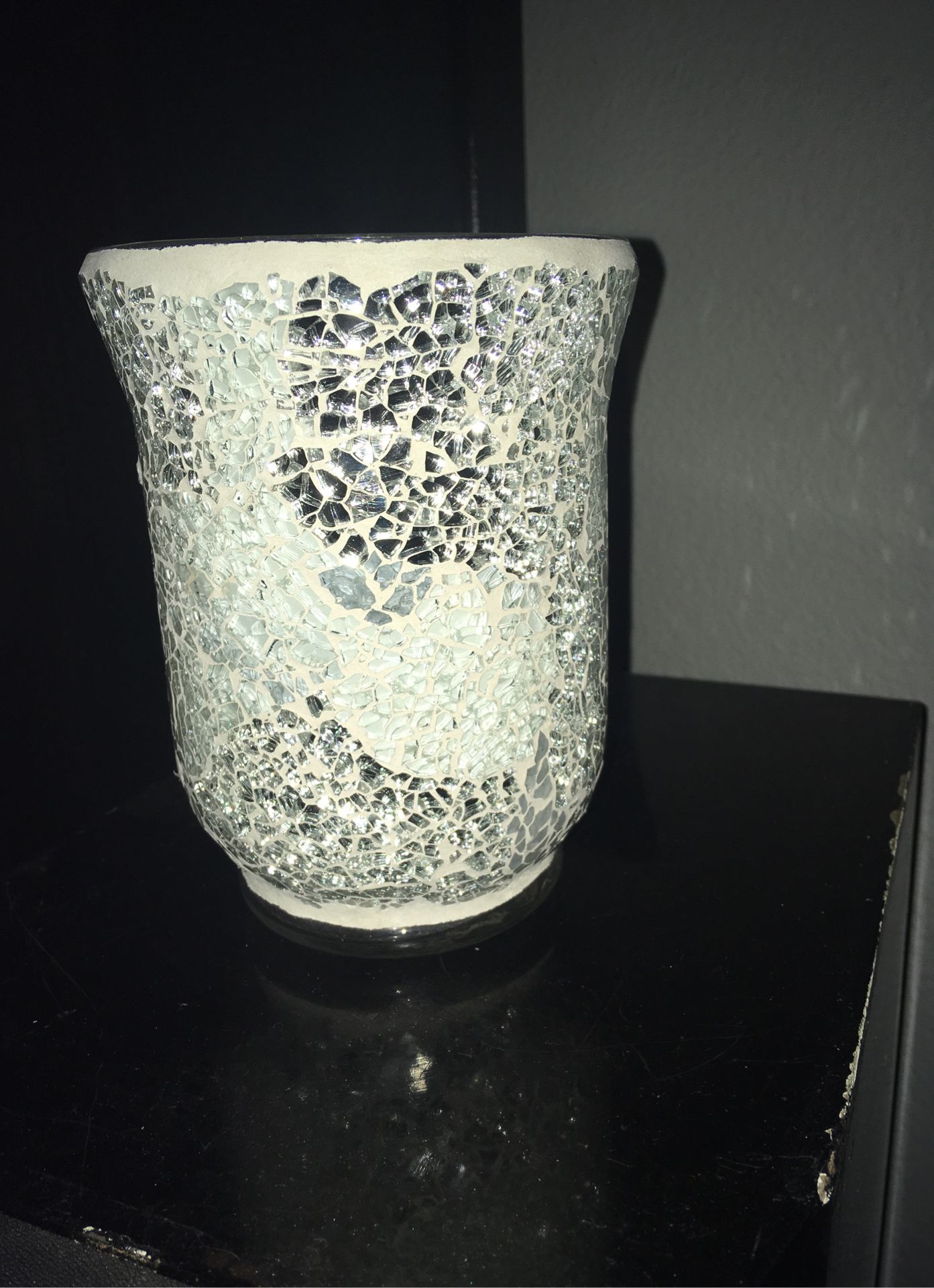 White with glass mosaic you could use it as a vase or a candleholder very pretty