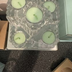 Retired vintage Crystal Party Lite 5 Tea Light Glass Candle Holder Castle, New In Box, No Holds, Trades Or Deliveries, Same Day Pick Up