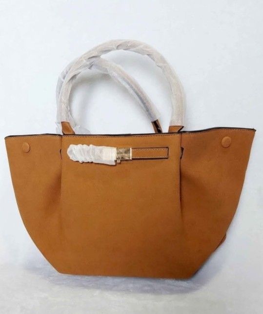 NEW! Tote Bag Purse Faux Suede & Gold Hardware (Caramel color)