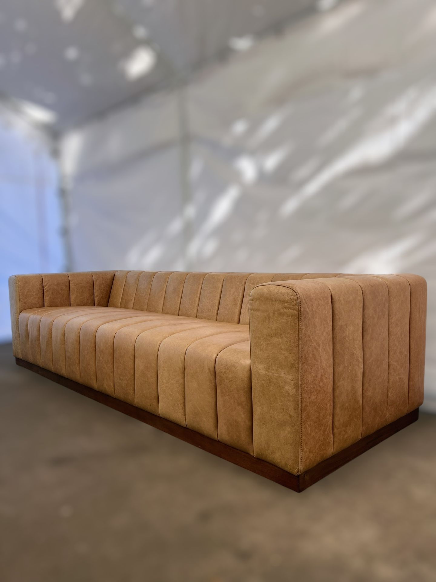 CB2 Forte Channeled Saddle Leather Sofa Delivery Available
