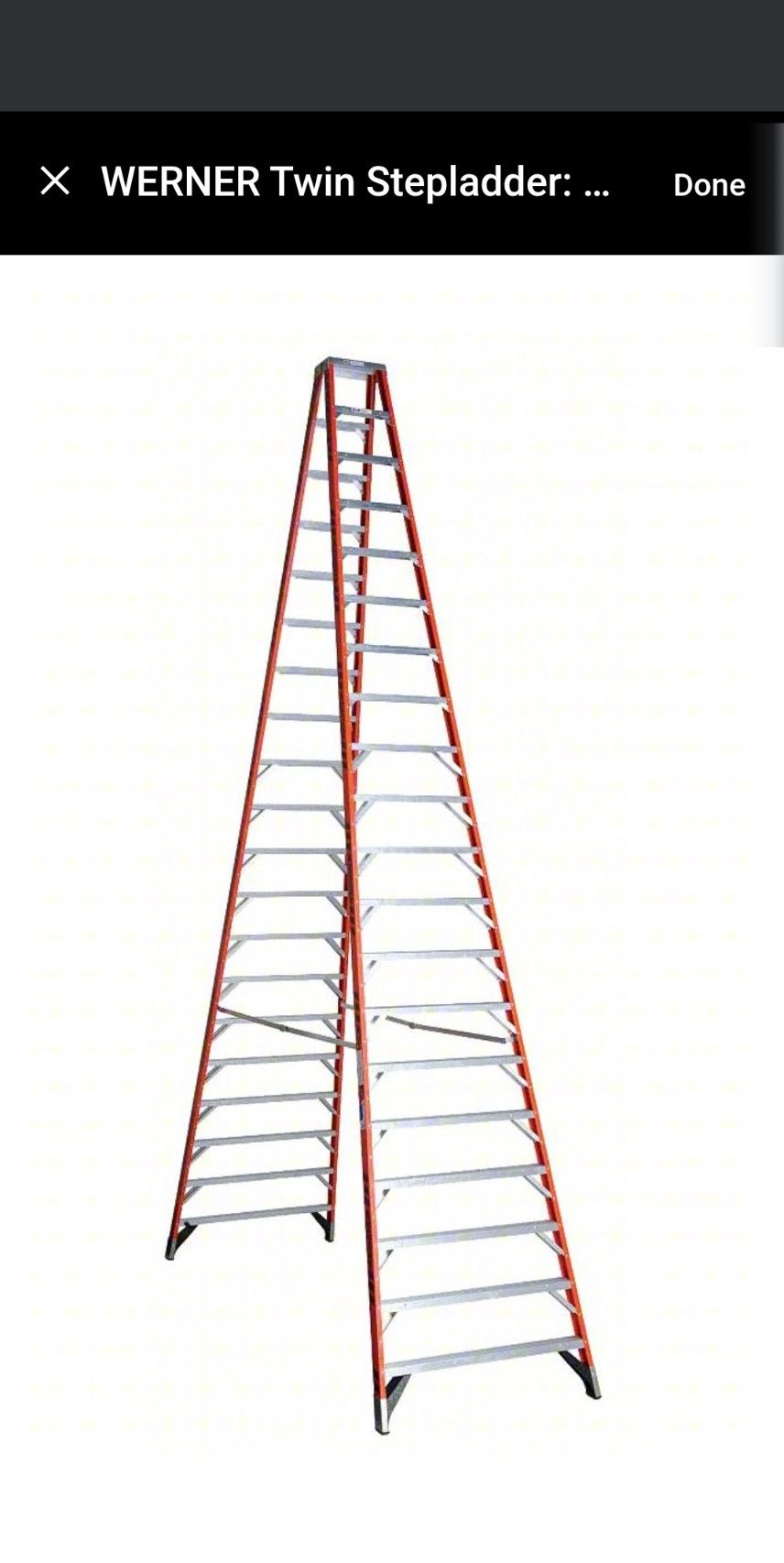 Werner 20 ft. Fiberglass Twin Step Ladder T7420. It is a Type IA, 20 foot ladder, 300 LB Per side
