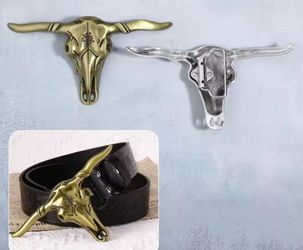 Bull skull Longhorn Texas Rodeo Cowboy Western Belt Buckle Gold Available
