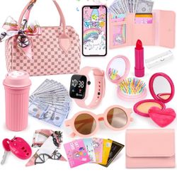 Play Purse for Little Girls, 32PCS Toddler Purse with Pretend Makeup for Kids, Princess Toys Includes Handbag, Phone, Wristwatch, Silk Scarf Kids Toy 