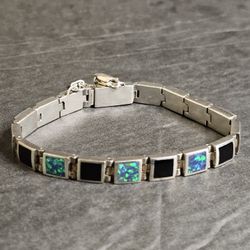 Sterling Silver Box Link Bracelet With Fire Opal and Onyx