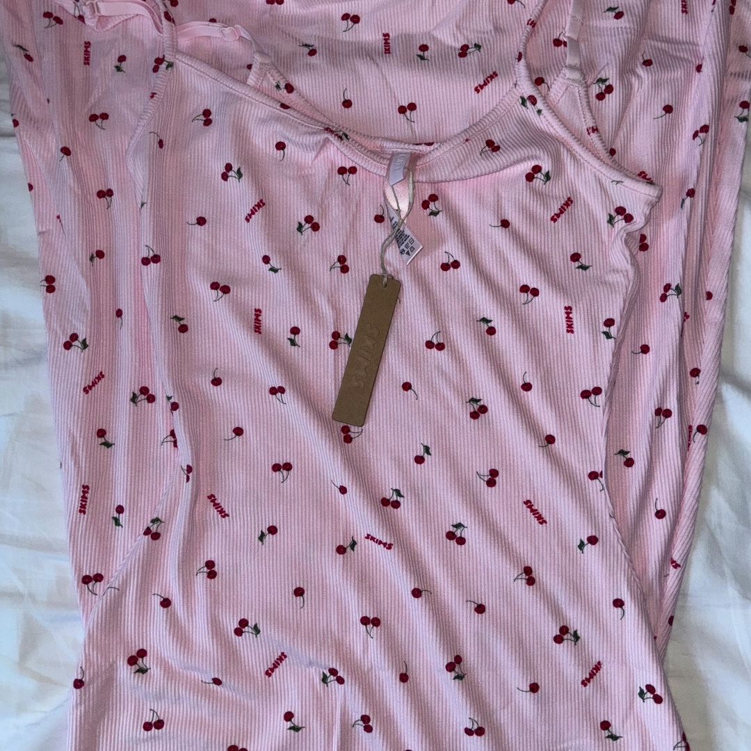 skims pink cherry dress Track Soft Lounge Long Slip Dress - Cherry Blossom Print