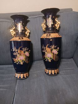Set Of Vintage Chinese Cobalt Porcelain 24" Tall Floor Vases With Peacock Design