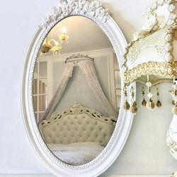 Wooden Large Oval Vintage Decorative Wall Mirror, White Wooden Crown Frame, Antique Princess Decor