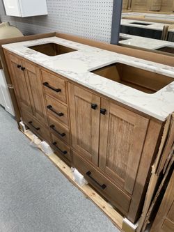 Bathroom vanity cabinet 60” solid Teak Quartz top with sinks and backsplash