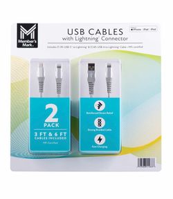 Member's Mark Apple USB Lightning 3ft and 6ft Cables (2 pk.) Brand New In Box