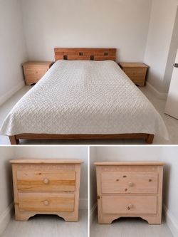 Queen Bed Frame + 2 Nightstands – Solid Wood Set