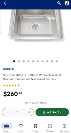 KOHLER Staccato 18-gauge 20" x 20" stainless steel bar sink with single faucet hole