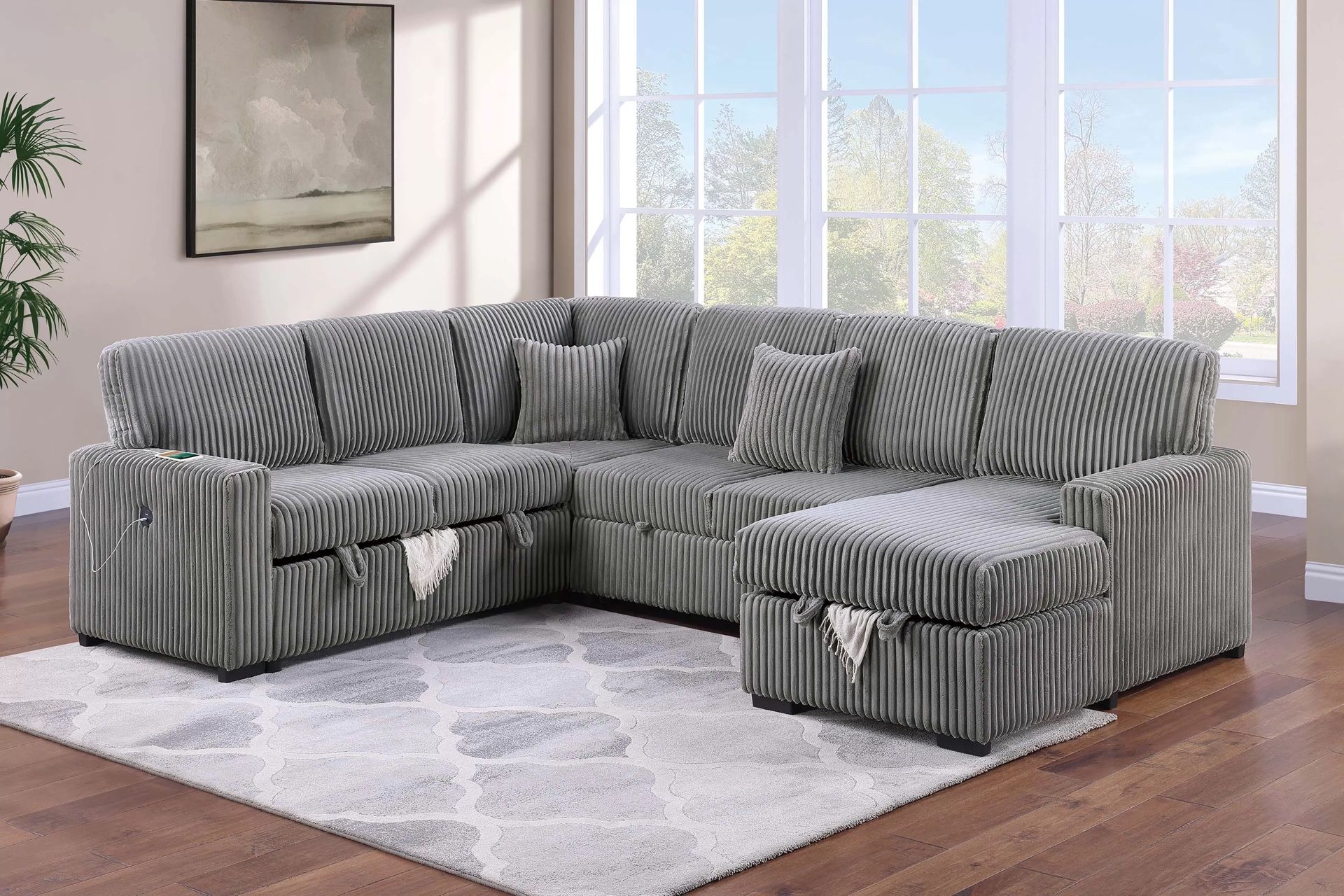 CORDUROY CONVERTIBLE SECTIONAL WITH STORAGE PULLOUT AND USB CHARGING