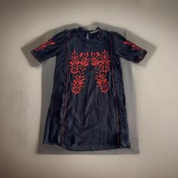 NWT Zara Embroidered Black Red Short Sleeve Boho Cotton Tunic Dress - Size S