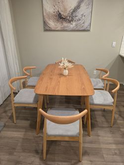 BRAND NEW_Brown Wooden Table and 6 Chairs with Gray Upholstery