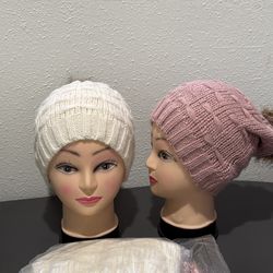 4 Pack Parent-Child Hats Knitted Winter Hat with Pom Pom Mother & Baby Warm Beanie Hat Crochet Knit Family Ski Caps (Pink, White)